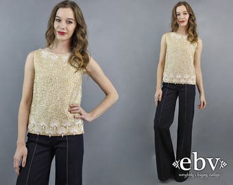 Sequin Top Beaded Top Party Top Vintage 50s Blouse Cream Sequin Tank 1950s Blouse Wool Top Sequin Shirt S 60s Sequin Top