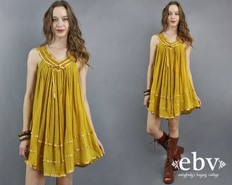 Mustard Dress Gauze Dress Hippie Dress Festival Dress Hippy Dress Boho Dress Bohemian Dress 1970s Dress 70s Dress Crochet Dress Summer Dress