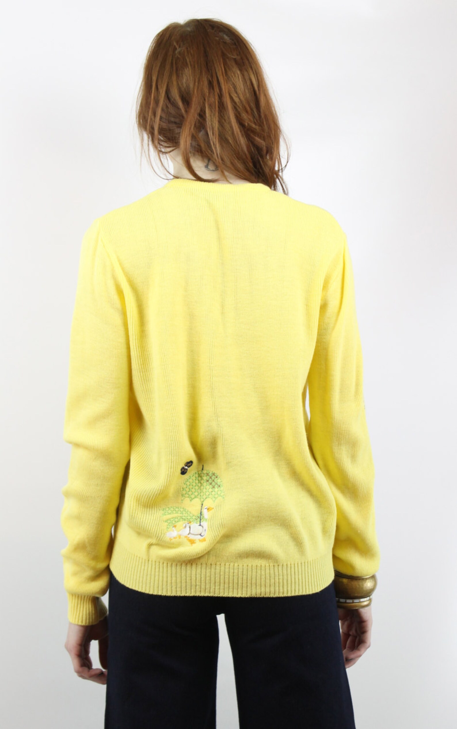 Novelty Sweater Vintage 70s Yellow Ducks with Umbrellas Etsy