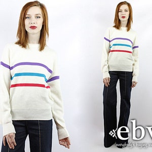 Vintage 80s White Striped Sweater Vintage Knit Vintage Sweater Vintage Pullover Vintage Jumper Striped Sweater Wool Sweater image 1