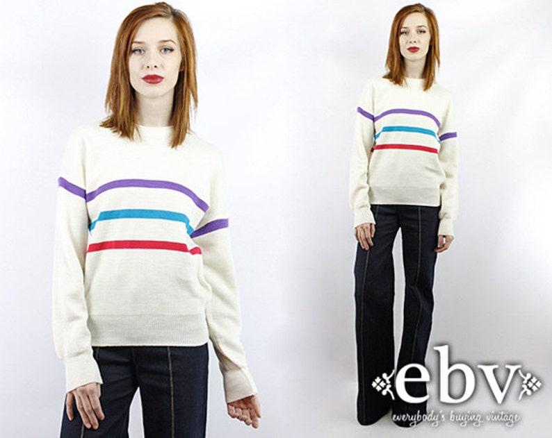 Vintage 80s White Striped Sweater Vintage Knit Vintage Sweater Vintage Pullover Vintage Jumper Striped Sweater Wool Sweater image 1