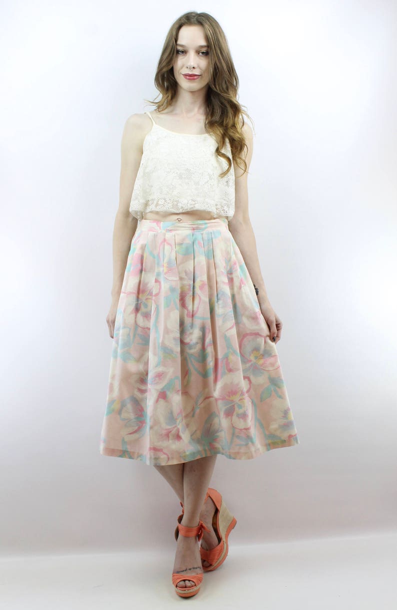 Midi Skirt Knee Skirt Pink Floral Skirt High Waisted Skirt | Etsy