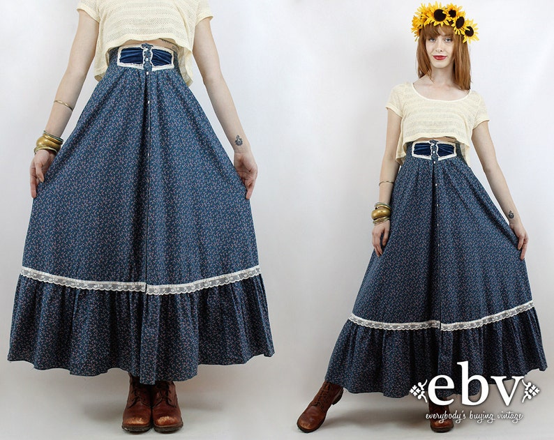 Vintage 70s Gunne Sax Blue Floral Maxi Skirt XXS 24 Gunne Sax Skirt Hippie Skirt Hippy Skirt Boho Skirt Blue Floral Skirt Festival Skirt image 1