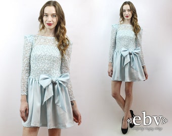 Baby Blue Cocktail Dress Ice Queen Dress Blue Prom Dress Party Dress Glam Dress Blue Bow Dress Vintage 80s Blue Sequin Dress XS S Elsa Dress