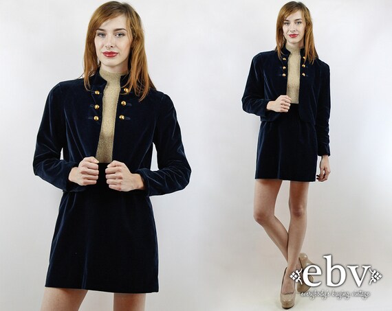 Vintage 60s Blue Velvet Cropped Military Jacket +