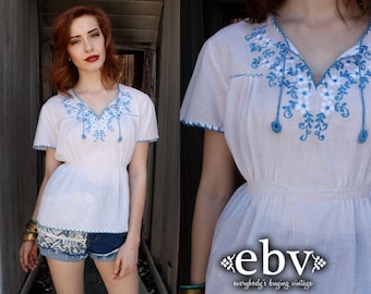 Vintage 70s White Mexican Embroidered Hippie Boho Top XS S Embroidered Blouse Hippie Top Hippy Top Festival Top White Blouse