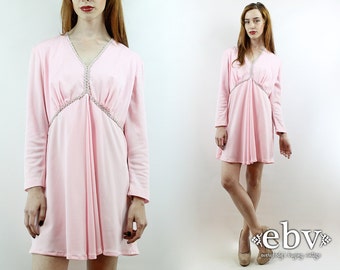 1970s Party Dress 70s Party Dress 1970s Dress 70s Dress Pink Dress Cocktail Dress Vintage 70s Longsleeve Pink Babydoll Mini Dress L XL