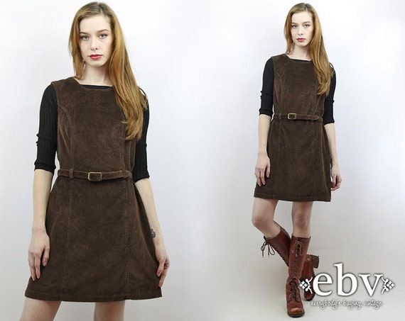 Vintage 90s Brown Cord Fitted Mini Dress S M Cord