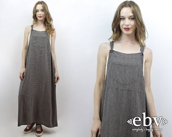 Linen Maxi Dress 90s Dress 1990s Dress 90s Maxi Dress Black Maxi Dress 90s Overalls 1990s Overalls 90s Grunge Dress Conductor Overalls S M L