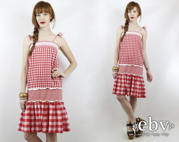 Vintage 70s Red & White Gingham Picnic Sun Dress X