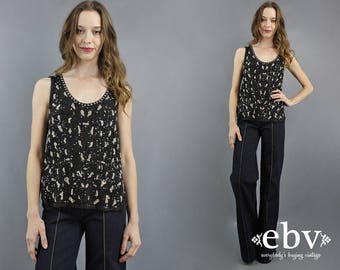 Black Sequin Tank Sequin Blouse NYE Top Silk Blouse Black Blouse Glam Top Beaded Tank Beaded Blouse Cocktail Dress Fancy Blouse S M