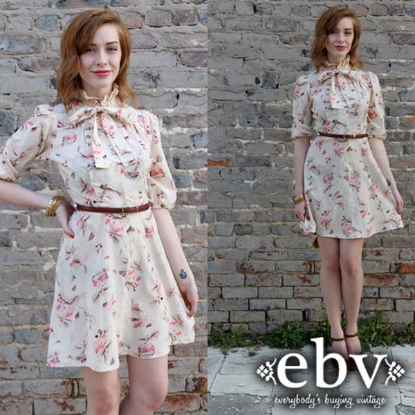 Vintage 80's Floral Ascot Bow Tie Mini Dress XXS XS