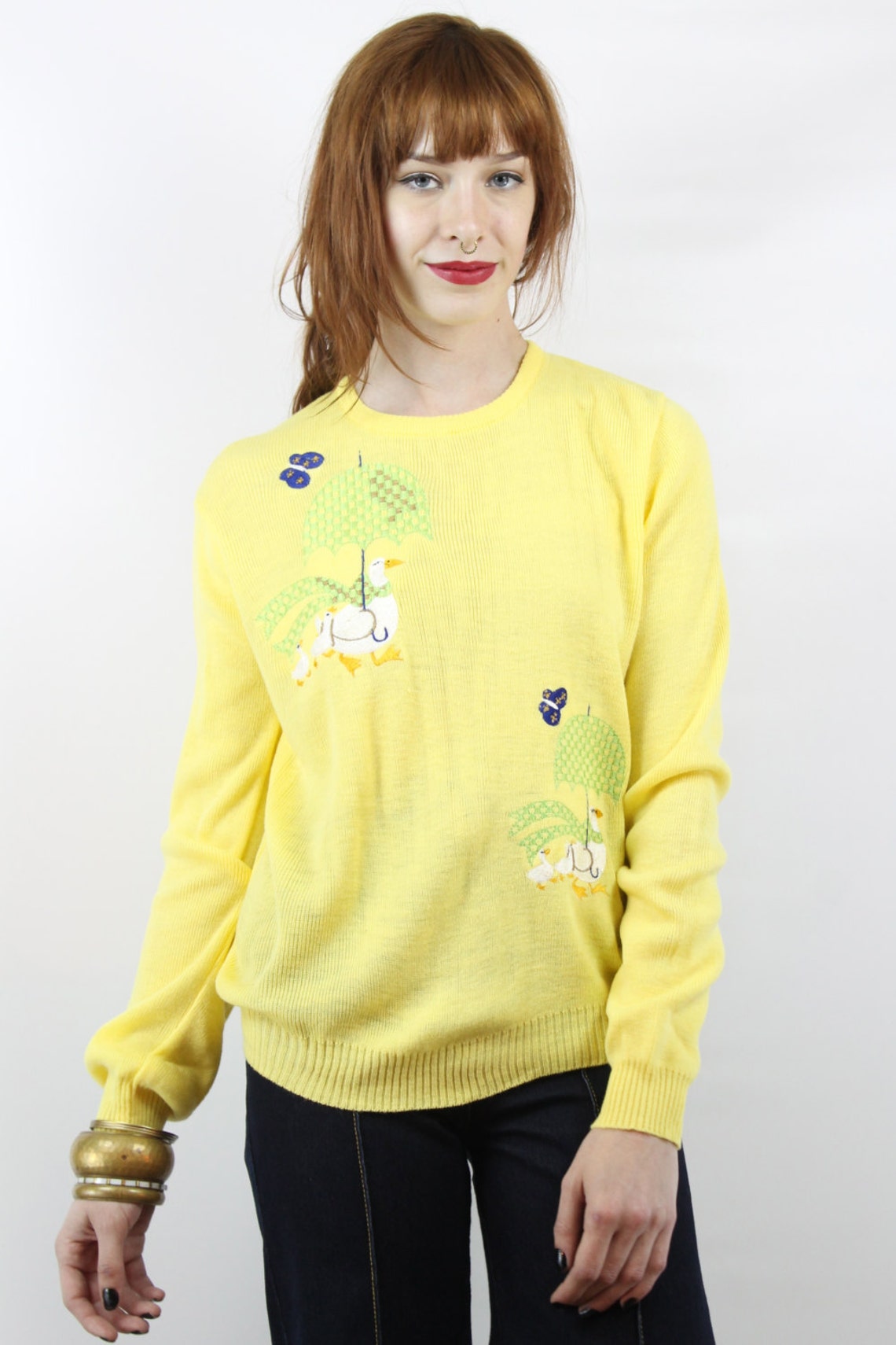 Novelty Sweater Vintage 70s Yellow Ducks with Umbrellas Etsy