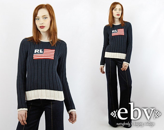 Vintage 90s Ralph Lauren AMERICAN FLAG Navy Sweater XS S Ralph Lauren