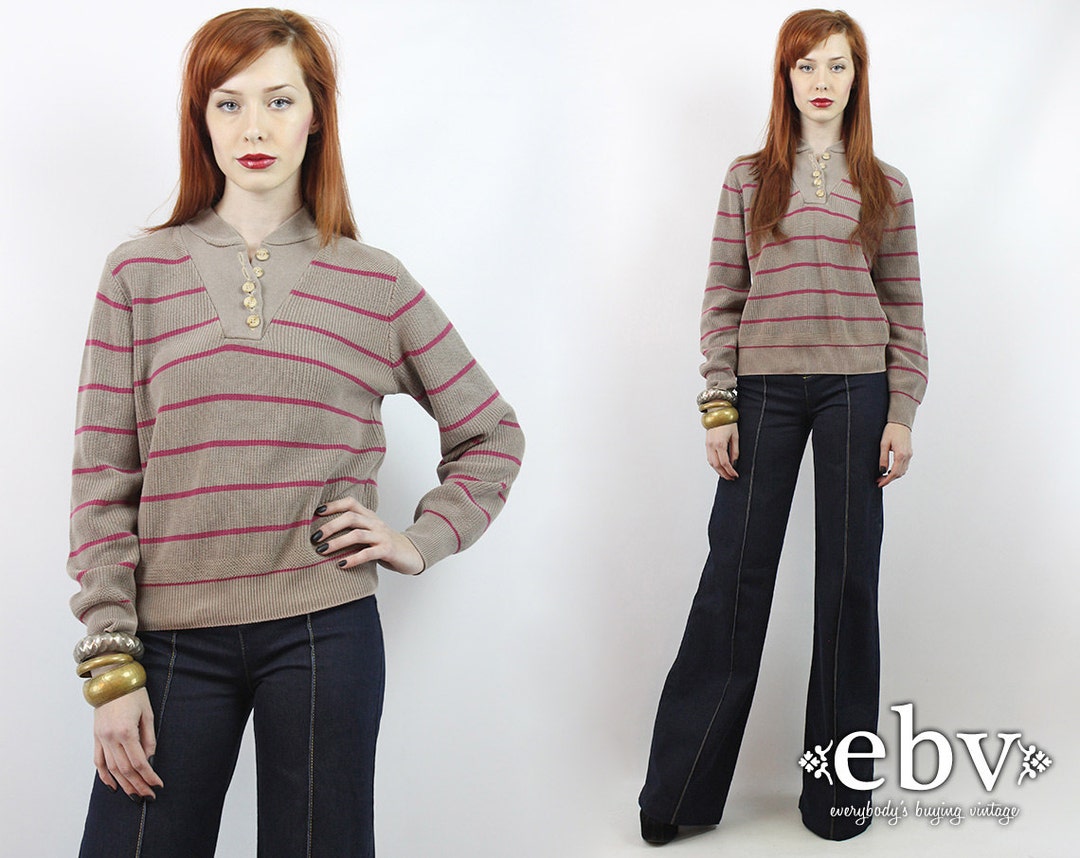 Vintage 70s 80s Taupe Striped Sweater S M Striped Knit Striped - Etsy