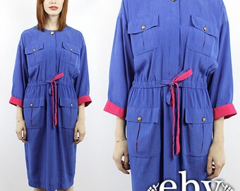 Colorblock Dress Minimalist Dress 1980s Dress Vintage 80s Colorblock Shirt Dress Day Dress 80s Dress Colorblock Shirtdress Blue Dress S M L