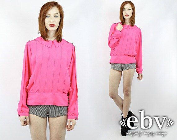 Hot Pink Blouse Longsleeve Blouse Pleated Shirt Pi