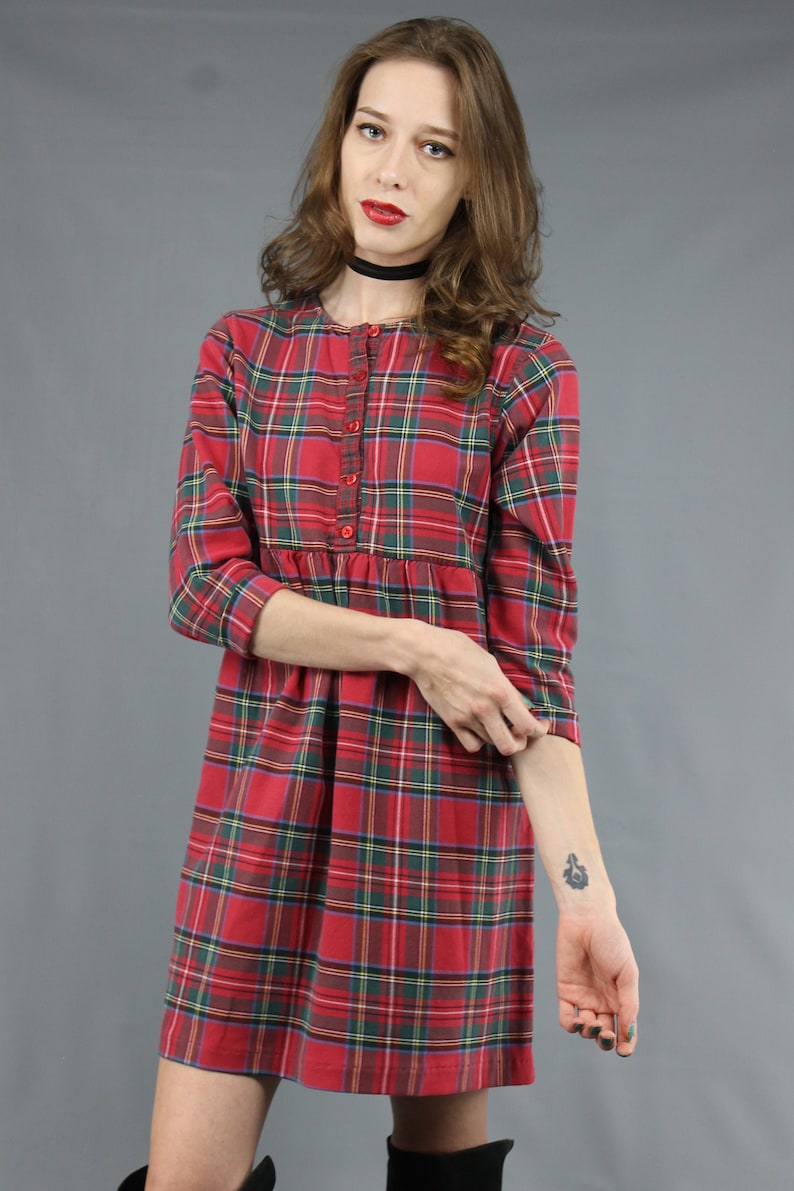 90s Plaid Dress 90s Mini Dress 1990s Dress 90s Dress 90s Grunge Dress Red Black Plaid Mini Dress Flannel Plaid Dress 90s Babydoll Dress M image 5