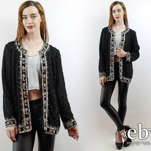 Sequin Cardigan Sequin Top Party Top Silk Cardigan Black Sequin Top NYE Dress Vintage Black + Silver Sequin Cardigan L XL