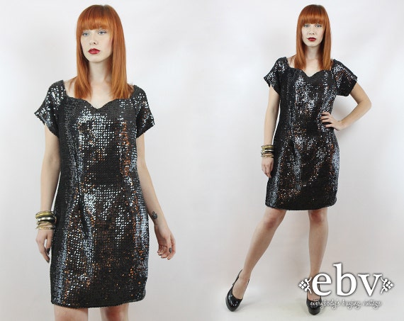 Vintage Black Sequin Party Dress L XL Black Sequin
