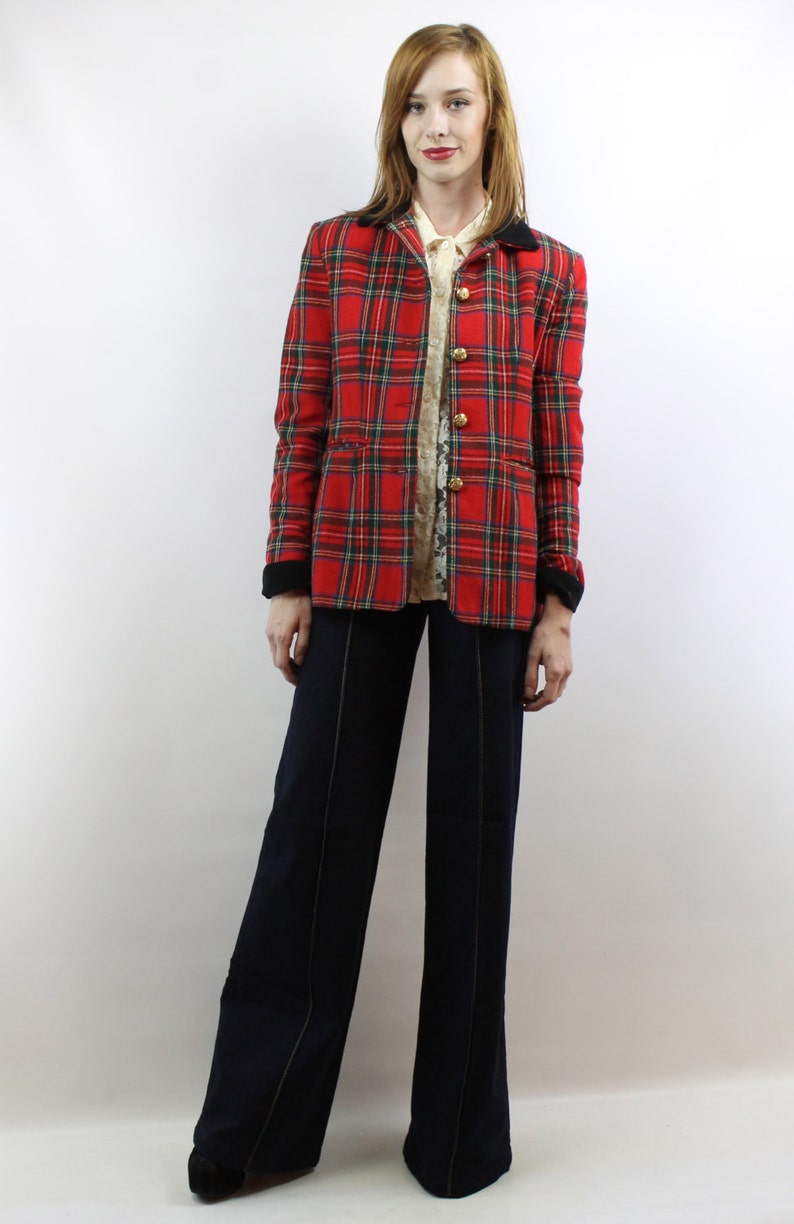 Red Plaid Blazer Plaid Jacket Wool Blazer Fitted Blazer Military Blazer Oversized Blazer Vintage 90s Red Plaid Military Blazer S M image 2