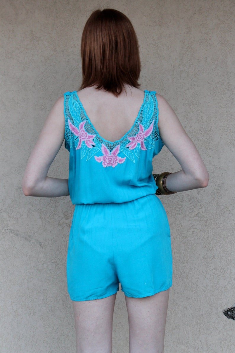 Vintage 70s Blue Crochet Floral Shorts Romper Vintage Romper Etsy