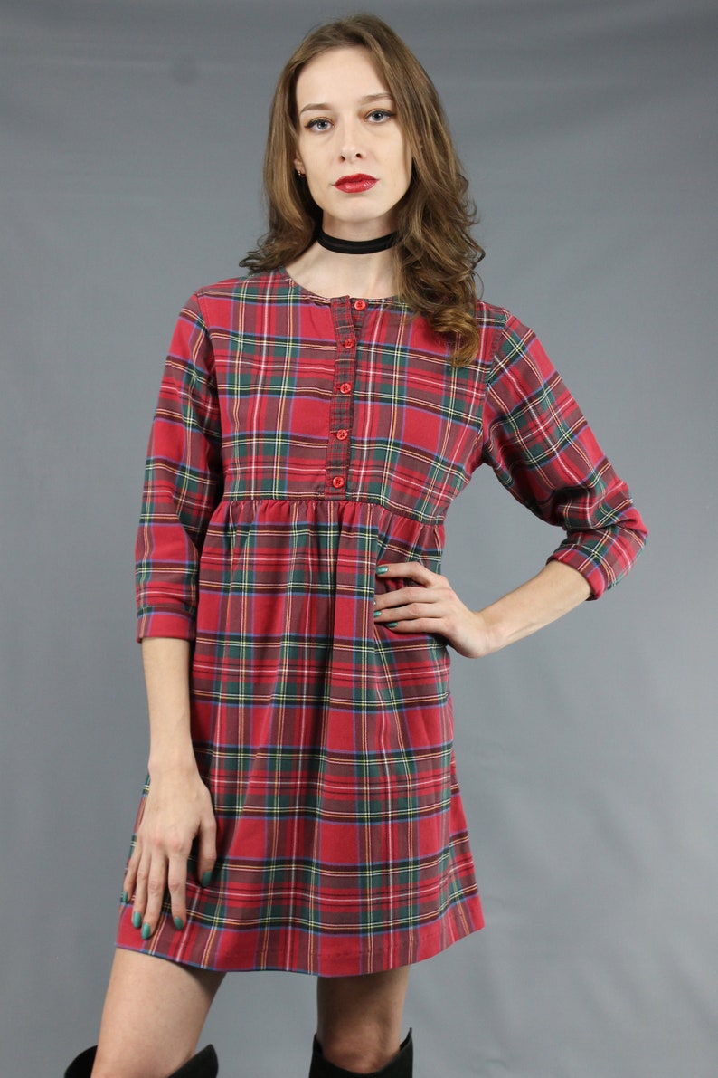 90s Plaid Dress 90s Mini Dress 1990s Dress 90s Dress 90s Grunge Dress Red Black Plaid Mini Dress Flannel Plaid Dress 90s Babydoll Dress M image 4