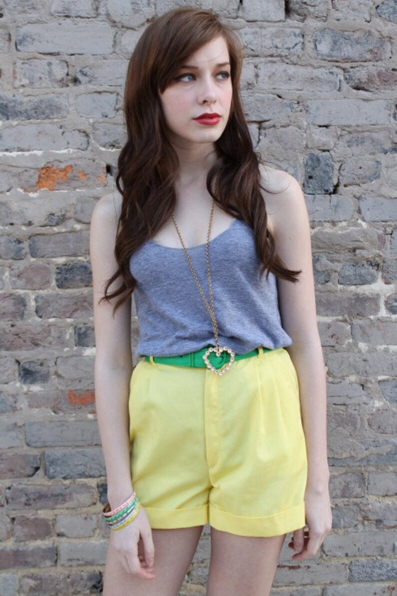 Yellow Shorts High Waisted Shorts High Waist Shorts Vintage 70s Yellow High Waisted Cuffed Pleated Shorts XXS XS S