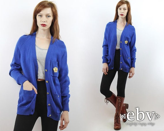 Oversized Cardigan Vintage 90s Cobalt Blue Militar
