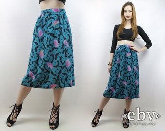 Floral Skirt Graphic Skirt High Waist Skirt Summer Skirt Midi Skirt Blue Skirt XL Skirt Midi Skirt Vintage 80s Blue High Waisted Skirt XL