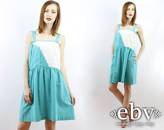 Vintage Sundress 70s Sundress Large Vintage Extra Large Vintage Babydoll Dress Summer Dress Vintage 70s Teal + White Pleated Sundress L XL