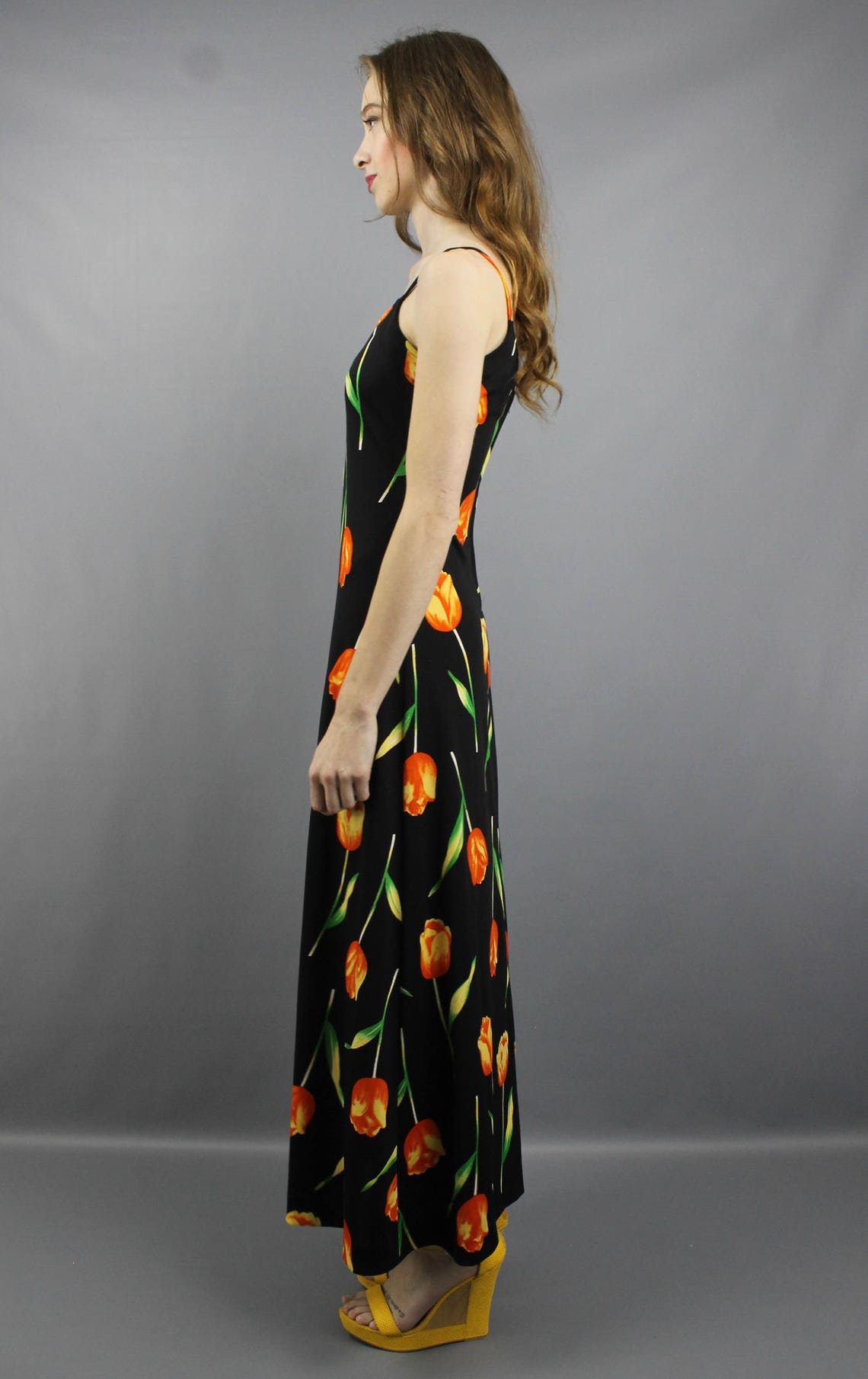 Vintage 70s Black Floral Maxi Dress 8