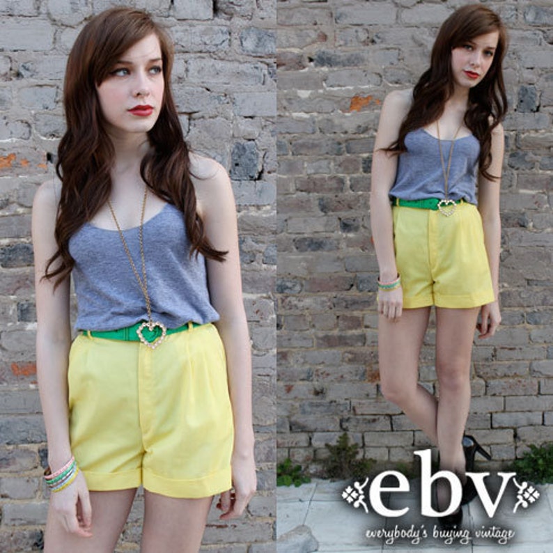 Yellow Shorts High Waisted Shorts High Waist Shorts Vintage 70s Yellow High Waisted Cuffed Pleated Shorts XXS XS S