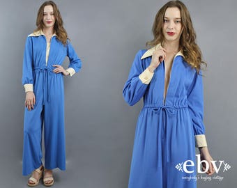 1970s Jumpsuit 70s Jumpsuit Hippie Jumpsuit Blue Jumpsuit Wide Leg Jumpsuit Hippy Jumpsuit 70s Overalls 1970s Overalls Deep V Jumpsuit M