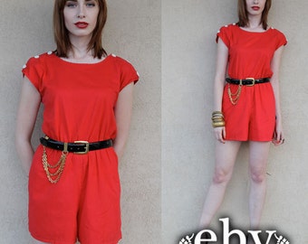 Vintage 80s Red Shorts Romper Playsuit Jumper S M Red Romper Red Shortalls Red Jumper Red Jumpsuit Red Playsuit Shorts Romper