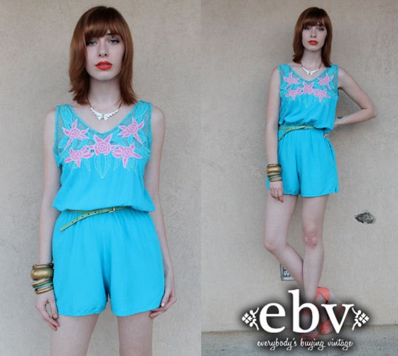 Vintage 70s Blue Crochet Floral Shorts Romper Vint