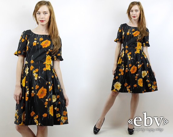 Vintage 50s Black Floral Party Dress S 50s Cocktai