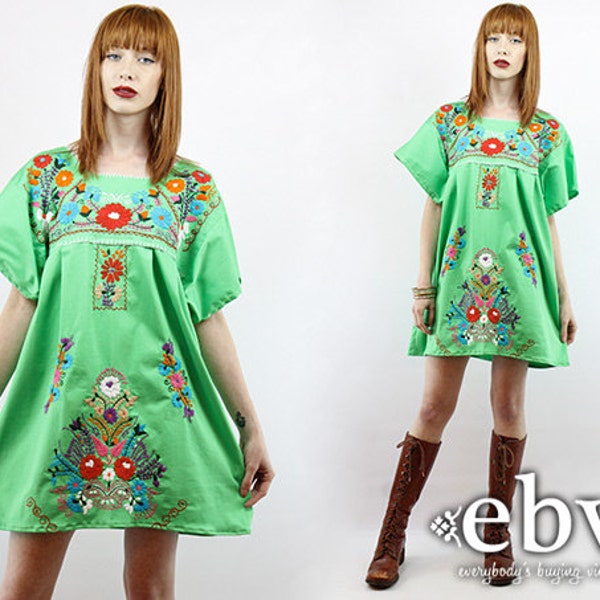 Bright Green Mexican Dress Embroidered Dress Hippie Dress Hippy Dress Boho Dress Festival Dress Vintage 70s Embroidered Mini Dress L XL