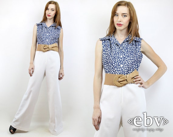 Vintage 70s Navy + White Mushroom Jumpsuit L White