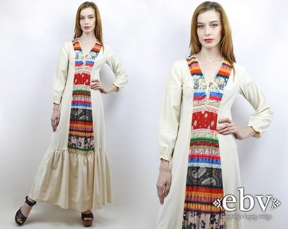 Vintage 70s Cream Patchwork Maxi Dress Xs S Hippie Wedding Etsy