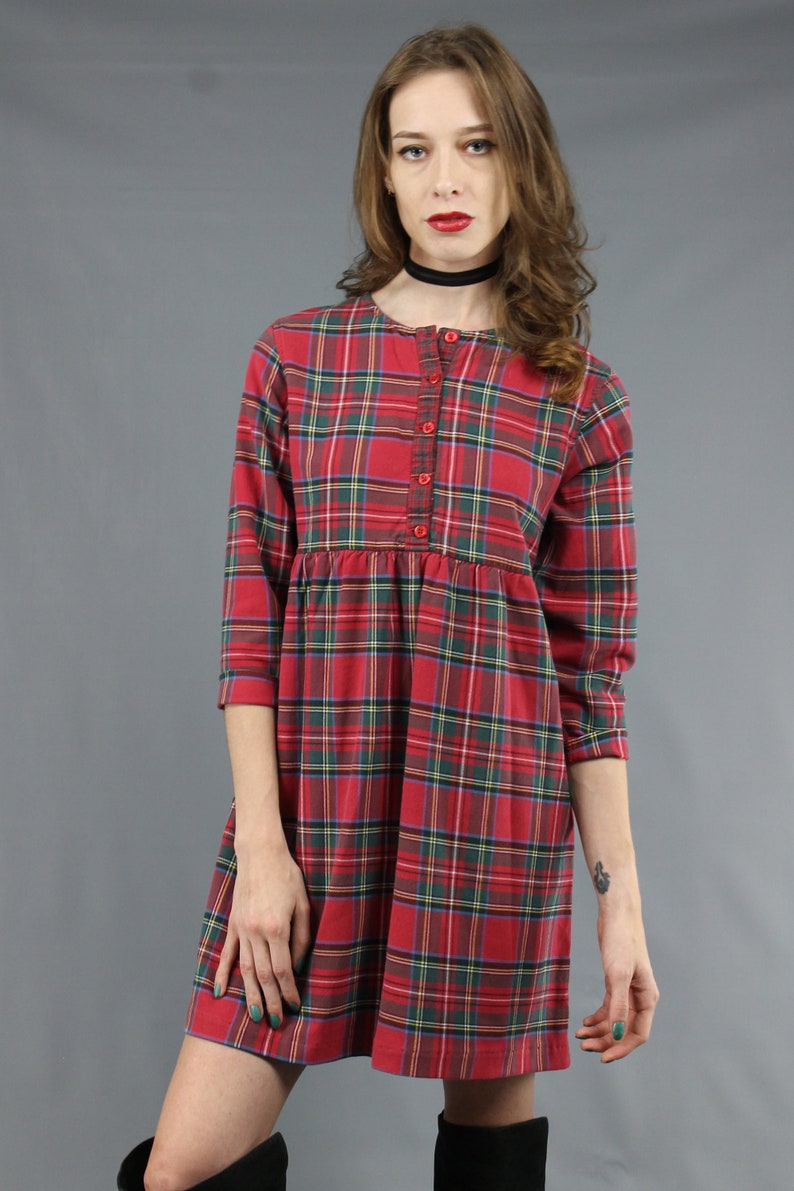 90s Plaid Dress 90s Mini Dress 1990s Dress 90s Dress 90s Grunge Dress Red Black Plaid Mini Dress Flannel Plaid Dress 90s Babydoll Dress M image 3