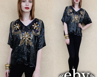 Sequin Top Silk Blouse Vintage Black Beaded Sequin Gold Floral Blouse Top S M