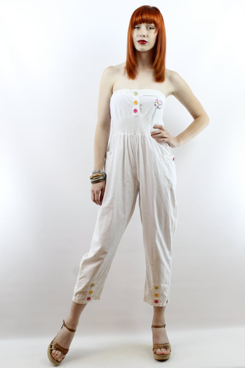 Vintage 90s White Emboidered Jumpsuit S M 90s Pants 90s Jumper Etsy