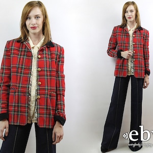 Red Plaid Blazer Plaid Jacket Wool Blazer Fitted Blazer Military Blazer Oversized Blazer Vintage 90s Red Plaid Military Blazer S M image 1