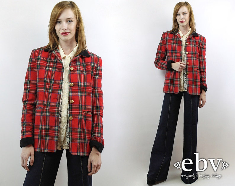 Red Plaid Blazer Plaid Jacket Wool Blazer Fitted Blazer Military Blazer Oversized Blazer Vintage 90s Red Plaid Military Blazer S M image 1