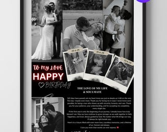 Aangepaste fotokaartprint voor stellen, CANVA-sjabloon, jubileumaandenken, romantisch eenjarig cadeau voor hem of haar Valenitnes