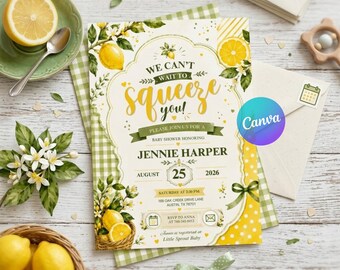 Lemon Baby Shower Invitation, We Can’t Wait to Squeeze You, Gender Neutral Citrus Baby Shower Invite, Editable Canva Template