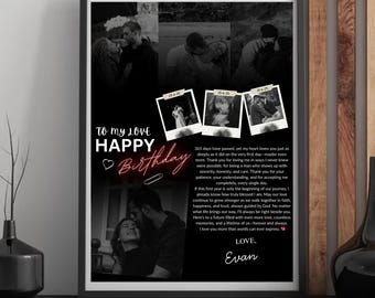 Aangepaste verjaardagsfotokaart afdrukken, canvassjabloon, jubileumcadeau voor hem, gepersonaliseerde romantische brief aandenken, 1 jaar fotocollage