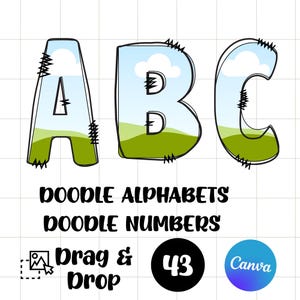 May include: Doodle alphabet letters A, B, and C with a landscape design inside. The letters are outlined in black with a stitched effect. Below the letters are the words "Doodle Alphabets" and "Doodle Numbers".