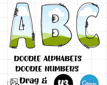 Canva Frame Doodle Alfabeto MAIUSCOLO e Numeri, Modello di lettere Canva modificabile Motivo di riempimento personalizzato Download digitali